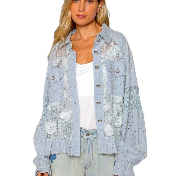 Pol Anthropologie LEAH Blue Eyelet Lace Pearl Flower Embellished Jacket - Picture 2 of 16